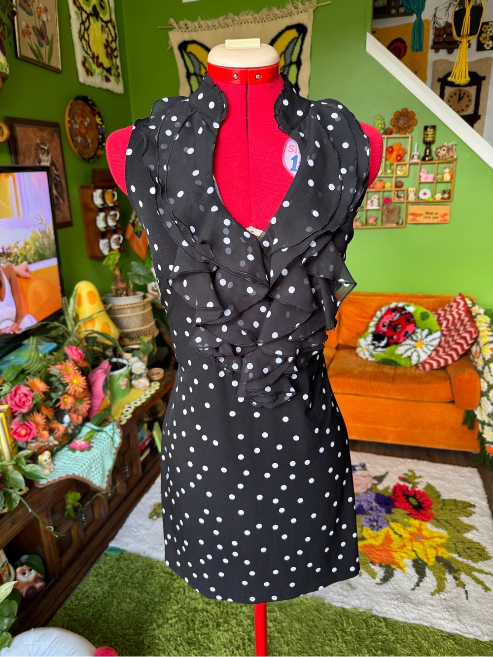White House Black Market Black & White Polka Dot Ruffle Mini Dress